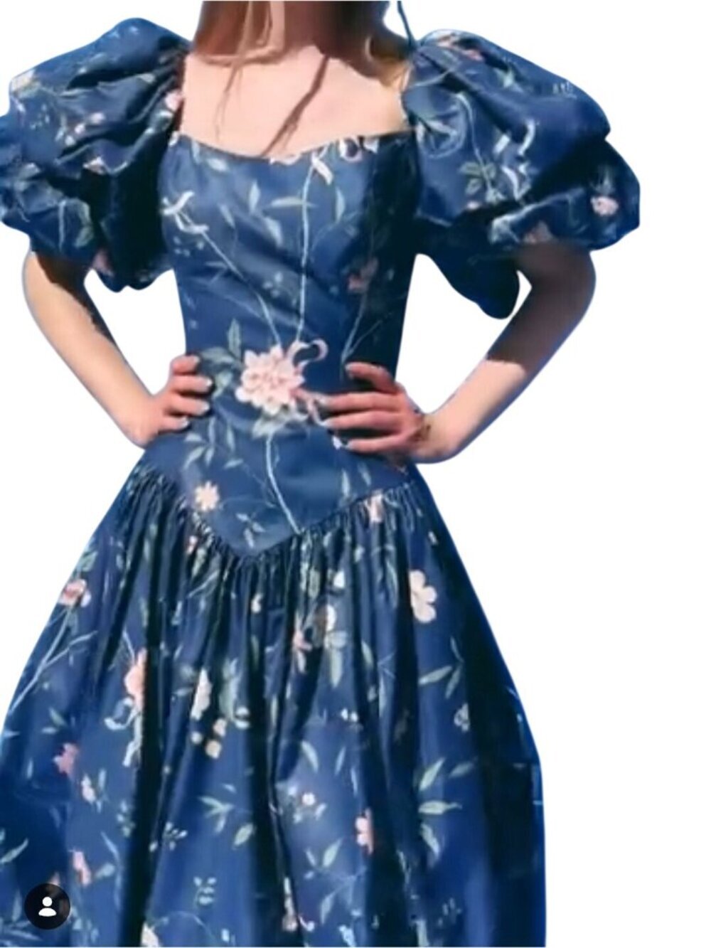 Yolanda Vintage 80s Incredible Huge Puff Sleeve Blue Floral Midi Dress Size 12